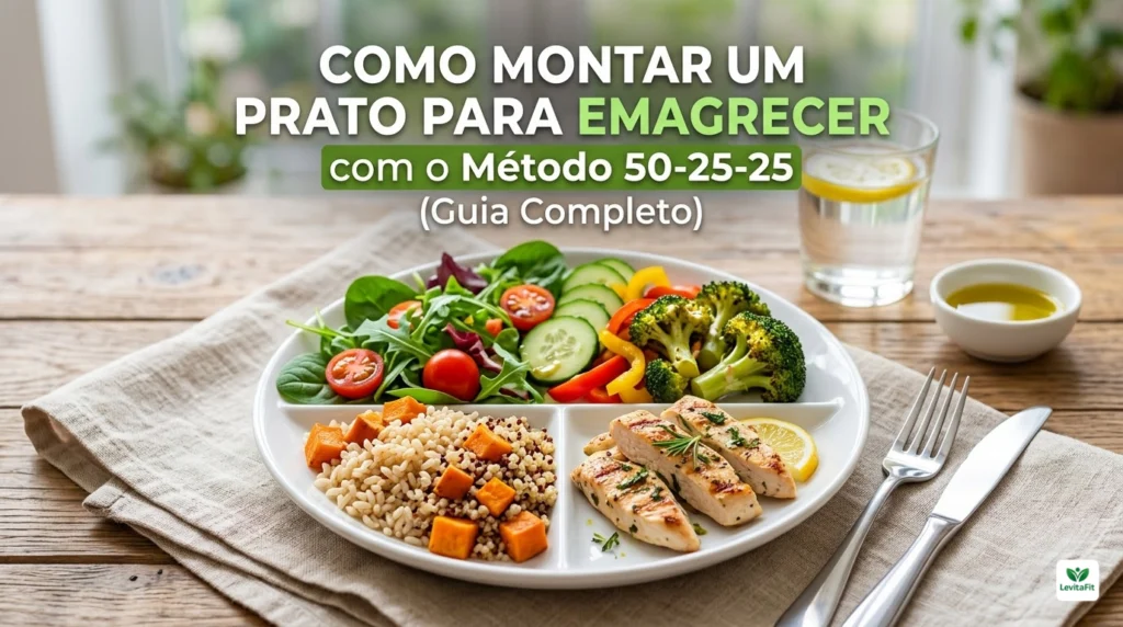 Vista superior de um prato branco dividido em três partes sobre uma mesa de madeira. Metade do prato (50%) contém uma salada colorida com folhas verdes, brócolis e tomates; um quarto (25%) contém arroz integral e cubos de abóbora; e o outro quarto (25%) apresenta filés de frango grelhado. Ao fundo, um copo de água com limão.