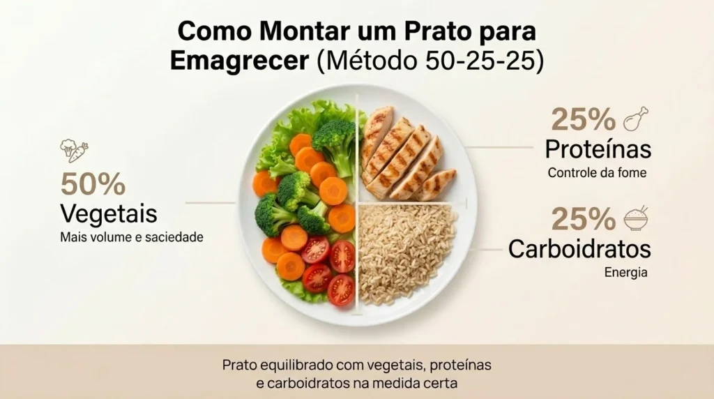 prato equilibrado para emagrecer dividido em vegetais proteínas e carboidratos método 50-25-25