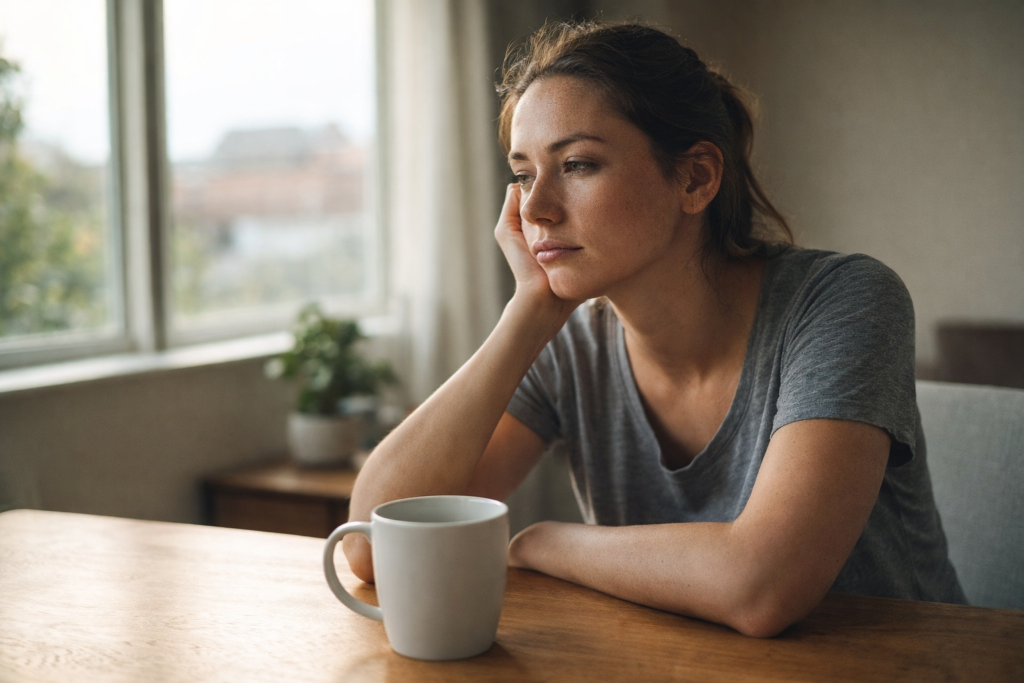 mulher pensativa olhando para o café refletindo sobre constância e rotina