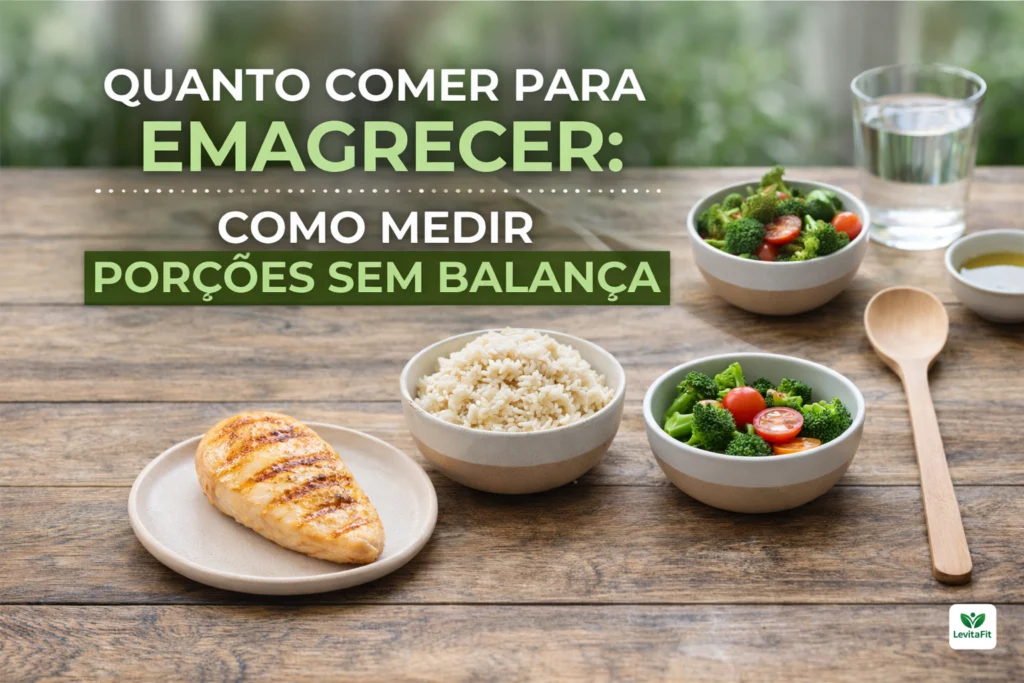 Prato com porções equilibradas de frango, arroz e legumes mostrando como medir quantidades para emagrecer sem usar balança Exemplo de porções ideais no prato para quem quer emagrecer sem pesar alimentos