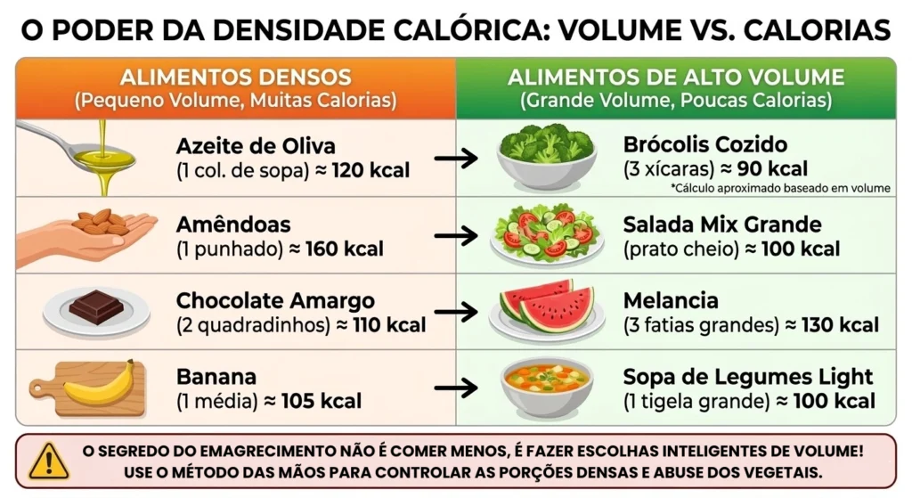 Comparativo de densidade calórica entre alimentos saudáveis e vegetais para saciedade no emagrecimento. como medir porções para emagrecer