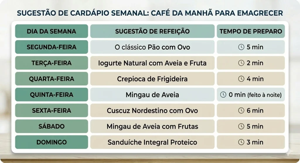 Infográfico de tabela com sugestão de cardápio semanal de café da manhã para emagrecer, listando opções de refeições e tempos de preparo para cada dia da semana, do LevitaFit.